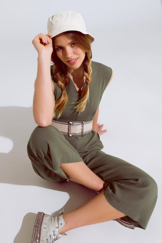 Q2 Sleeveless Jumpsuit with zipper detail and belt in khaki