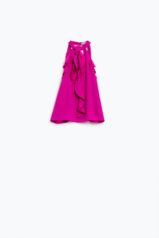 Q2 Sleeveless Pink Top with Ruffled Details and High Neck