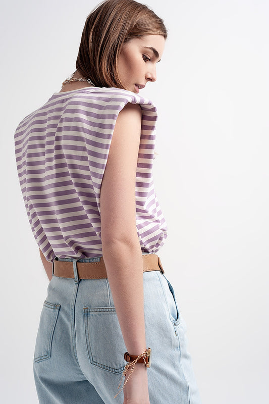 sleeveless t-shirt with shoulder pad in purple stripe