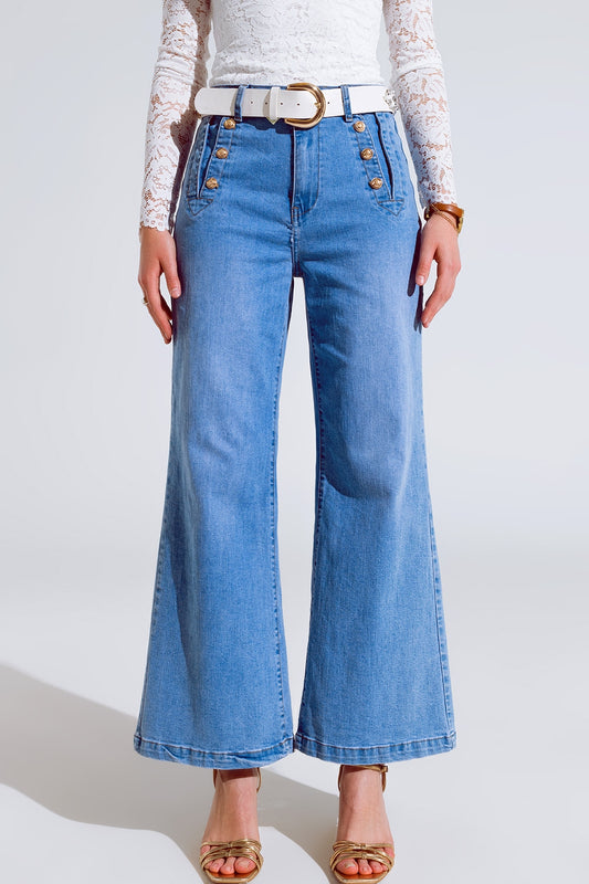 Q2 Straight Flared Jeans In Washed Blue With Button Detail