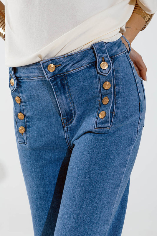 Straight Marine Style Jeans With Golden Buttons Details On The Side in Mid Blue