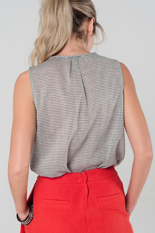 Striped gray top with multicolor front detail