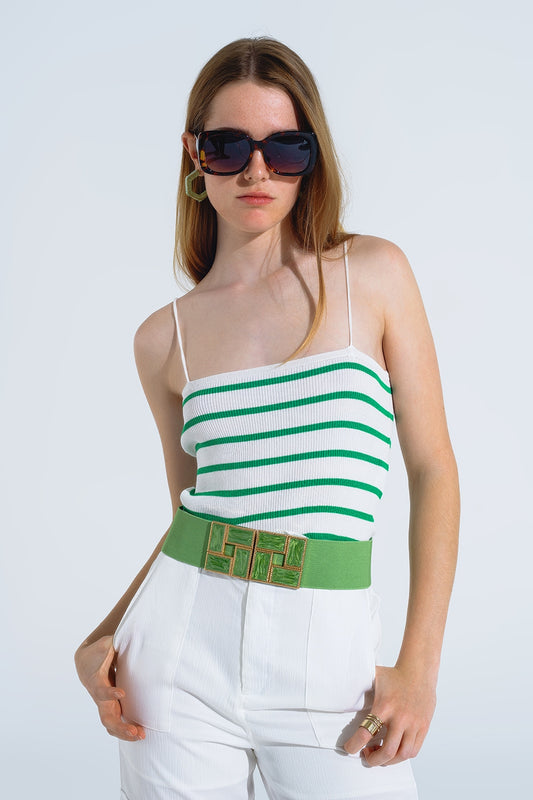 Q2 Striped White and Green Top With Square Neckline