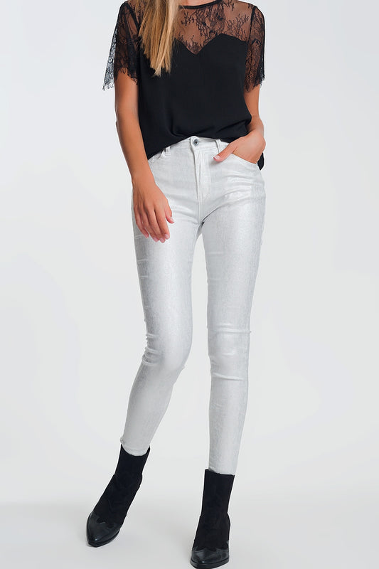 Q2 Super skinny high waisted Pants with silver sparkle in white