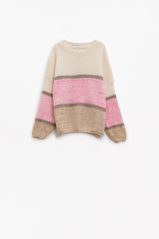 Q2 Sweater Stripe Design In Creme Pink and Brown With Crew Neck