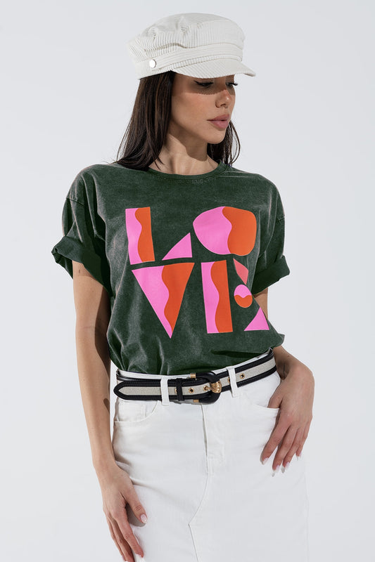 Q2 T-shirt with LOVE art deco digital print in Grey