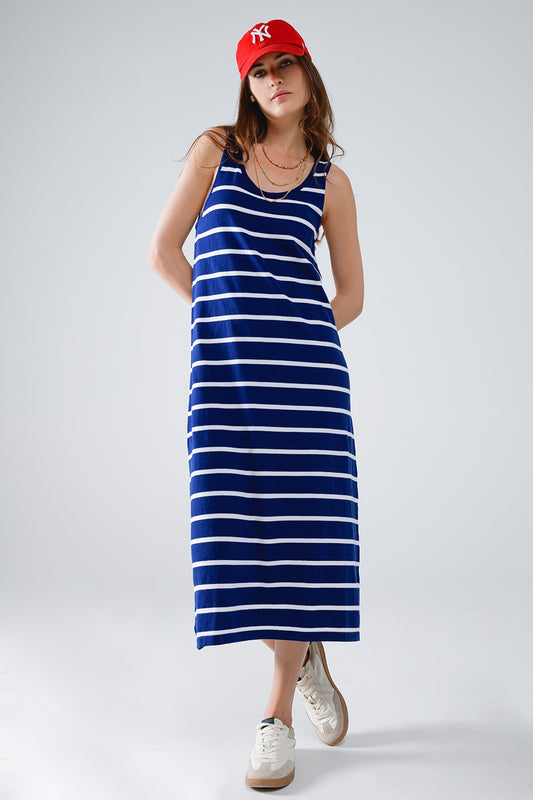 Q2 Tank maxi Dress With Scoop Neck In Navy With White Stripes
