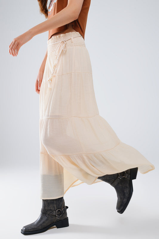 Q2 Tiered Maxi Skirt In Beige With Elastic Waist And Shell Details