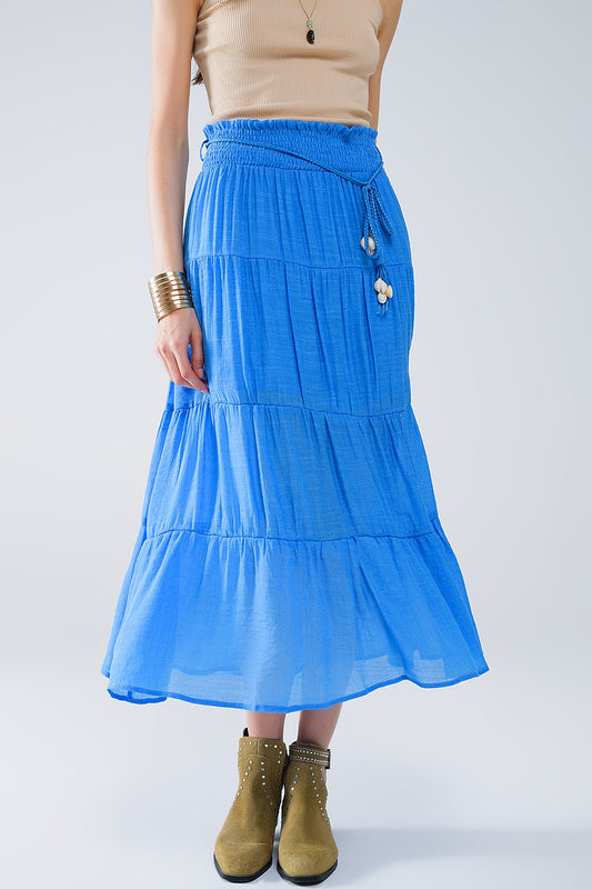 Q2 Tiered Maxi Skirt In Blue With Elastic Waist And Shell Details