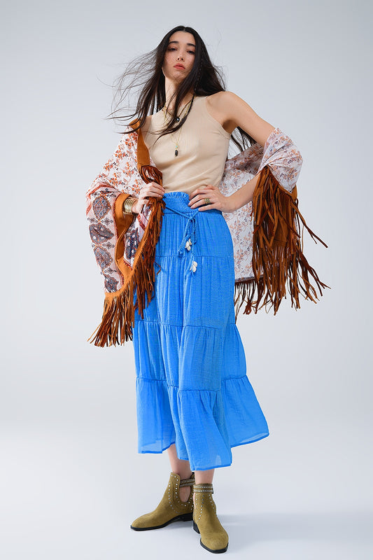 Tiered Maxi Skirt In Blue With Elastic Waist And Shell Details