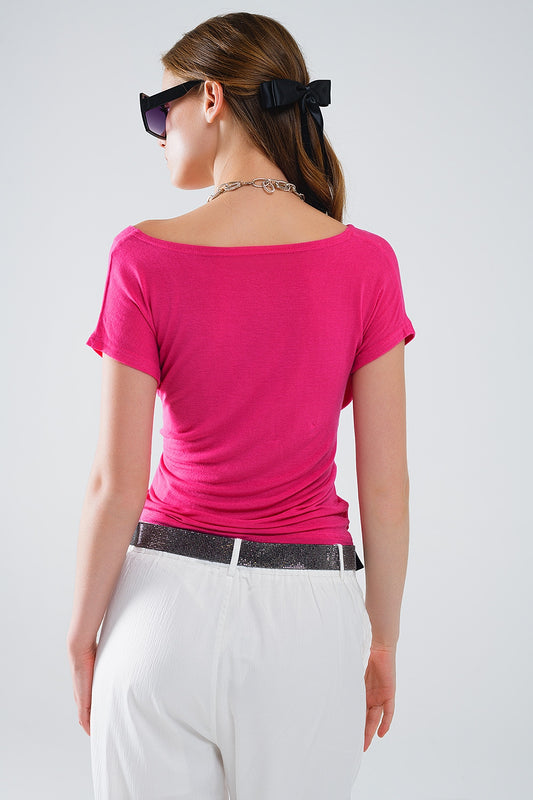 V-neck crossed drapped fitted top with cap sleeves in Fuchsia