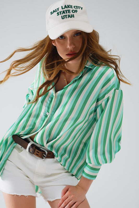 Q2 Vertical Striped satin Shirt in Green with Button Up Closing