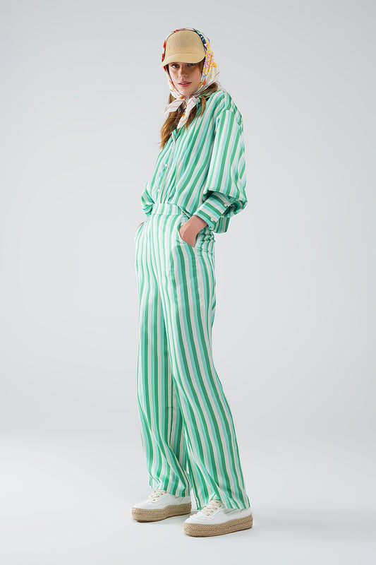 Vertical Striped Straight Leg satin Pants in Green