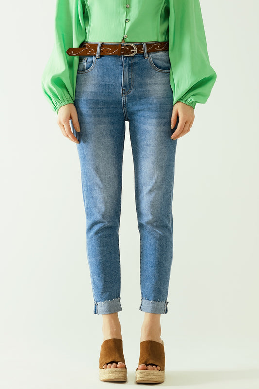 Q2 Washed effect push-up jeans with five pockets and hem
