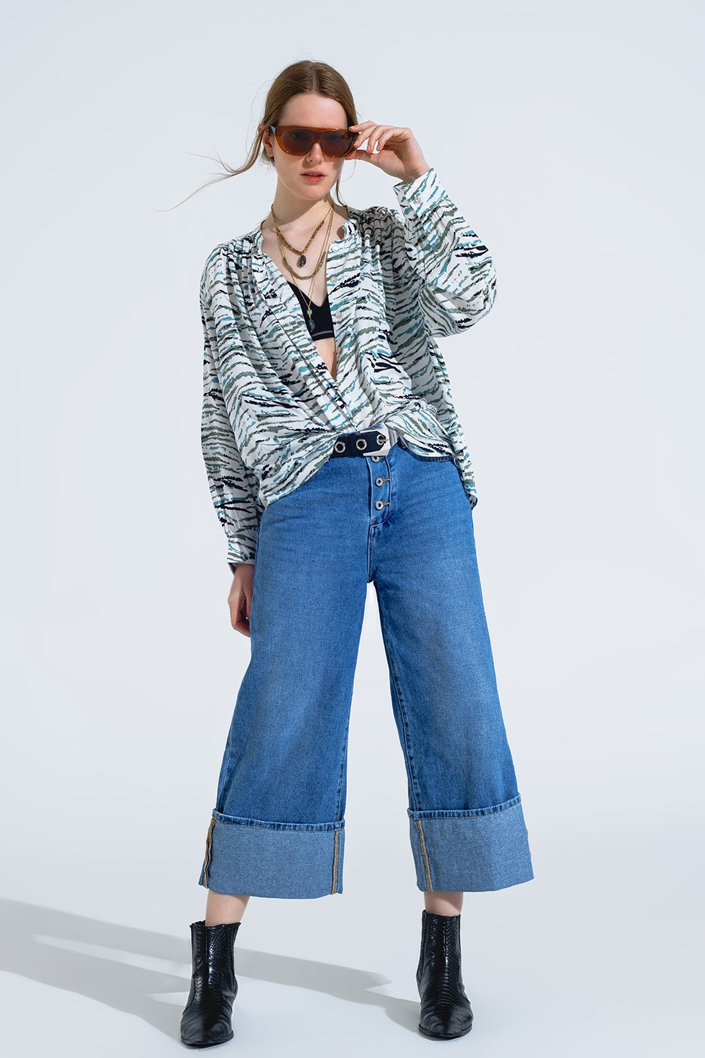 White Blouse With Green Animal Print And Long Sleeves