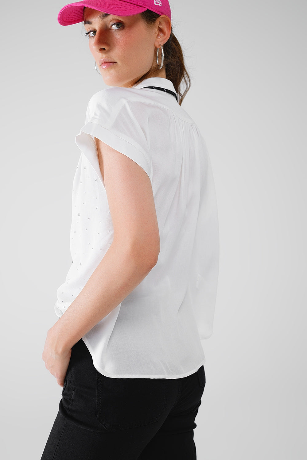 White Button Up Blouse With Strass All Over And Short Sleeves