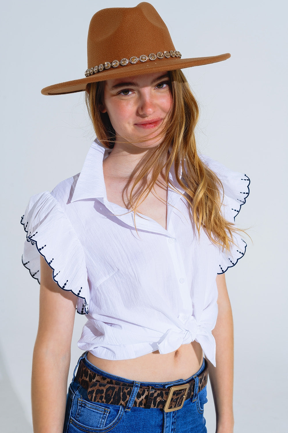 White Button Up Shirt With Polo Collar And Ruffled Sleeves With Black Trim