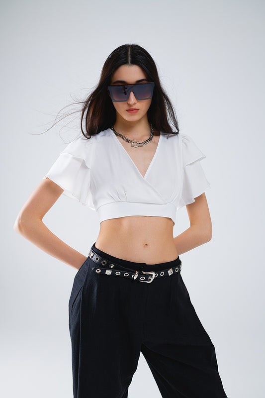 White Crop Top With Short Sleeves And V-neck