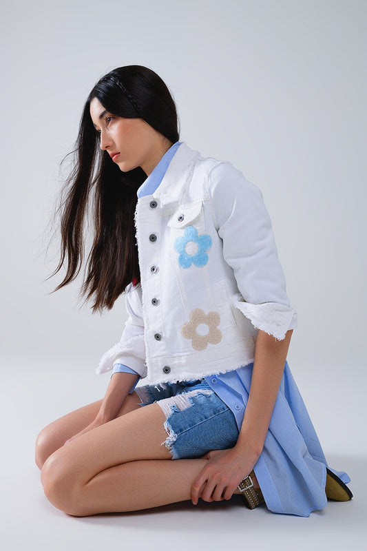 Q2 White Denim Jacket With Embroided Flowers