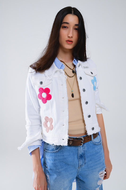 White Denim Jacket With Embroided Flowers