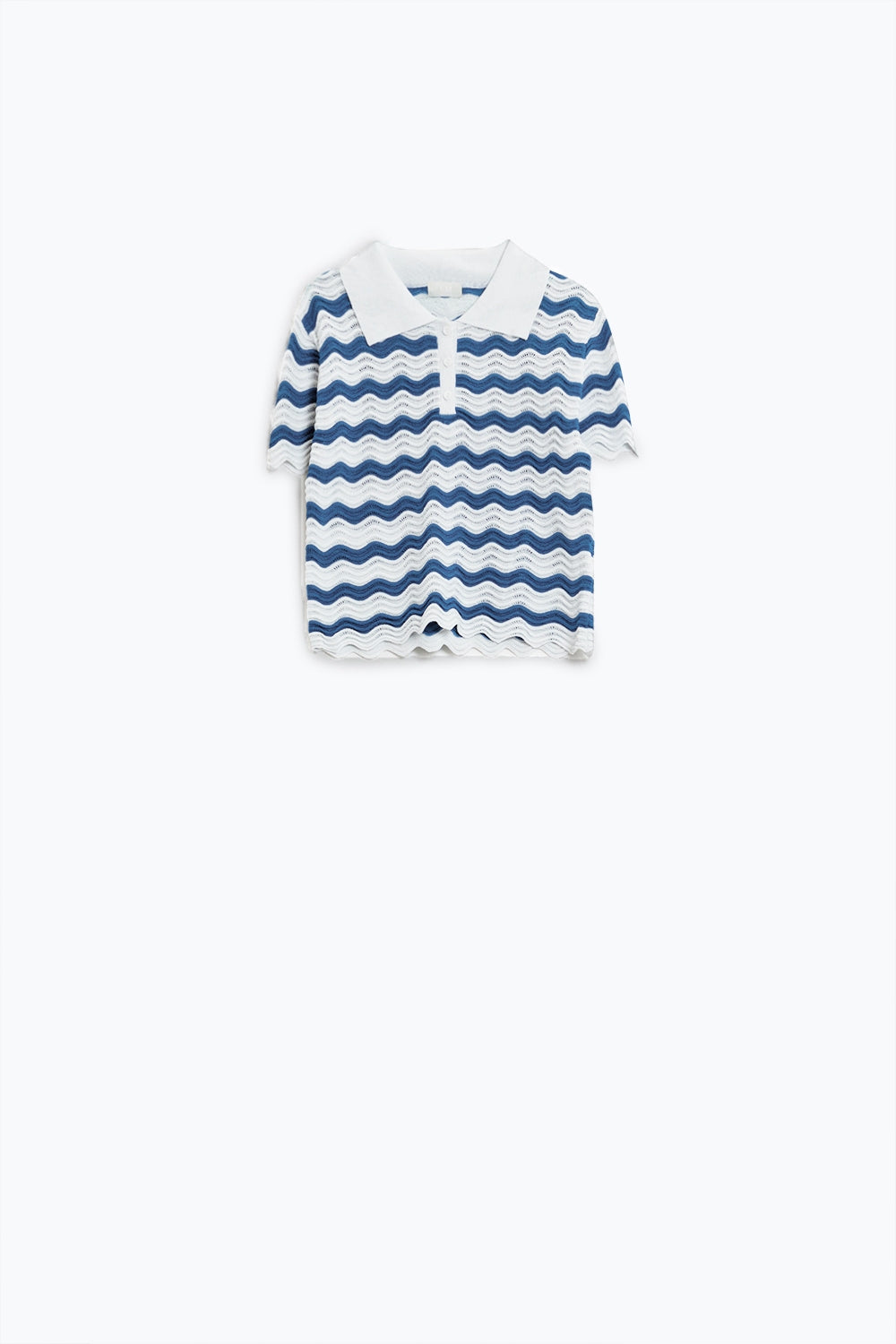 White polo with blue wavy stripes