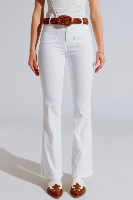 Q2 White Skinny Flared Jeans With Front Pocket Detail