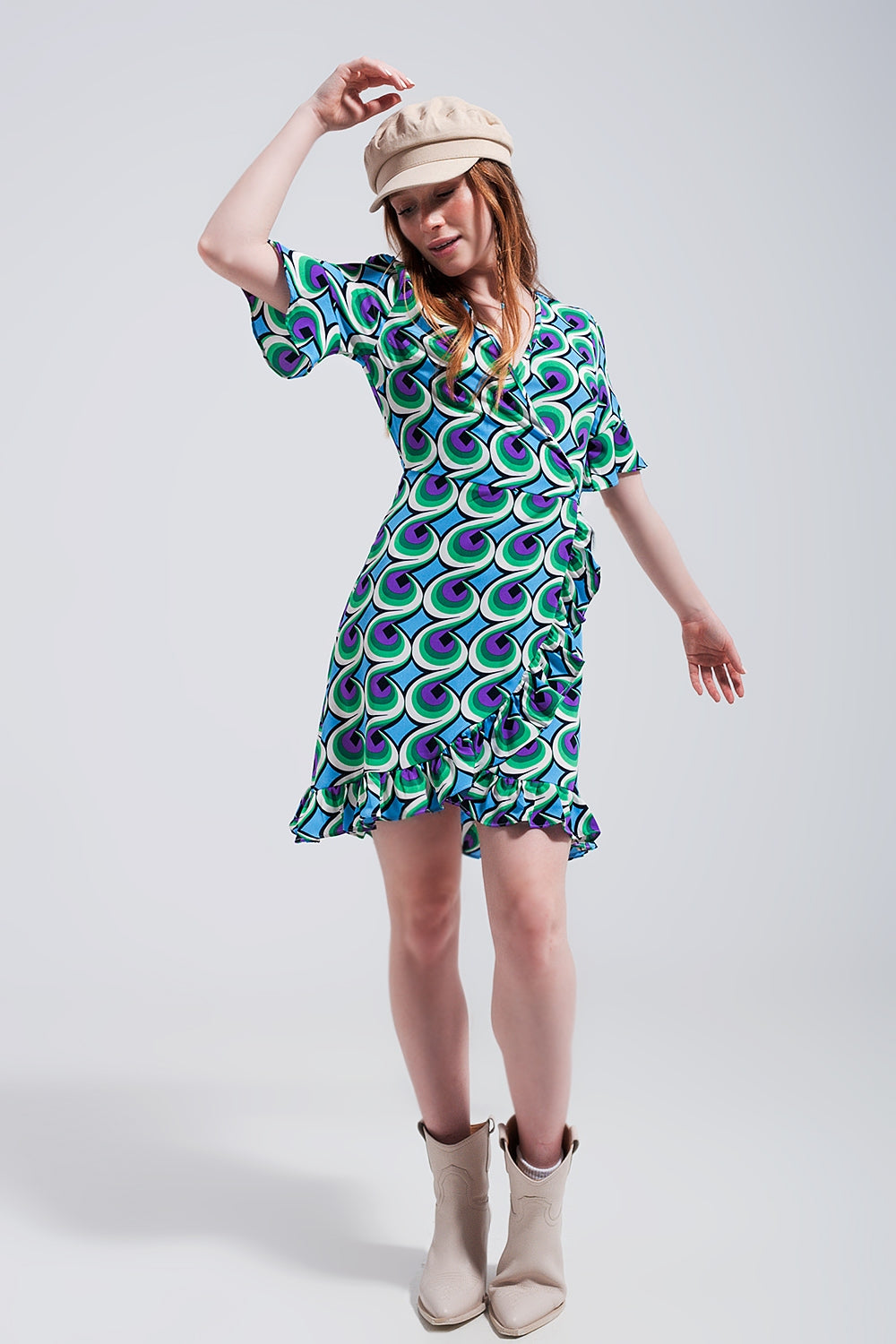 Wrap ruffle hem mini dress in 70s blue print