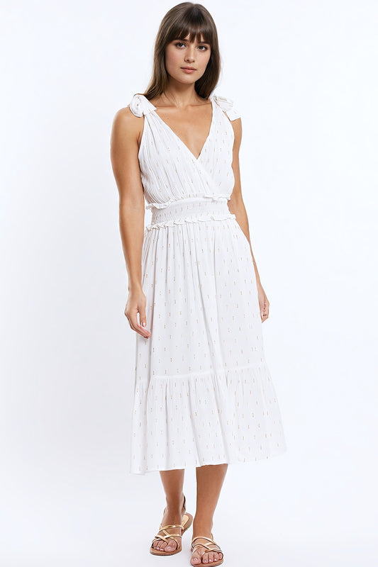 Q2 Wrapped White Midi Dress With Smock Detail At The Waist and Golden Polka Dots