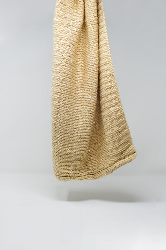 Q2 yellow knitted scarf with silver sequins