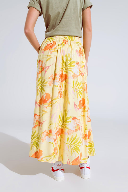 yellow maxi skirt with tropical print