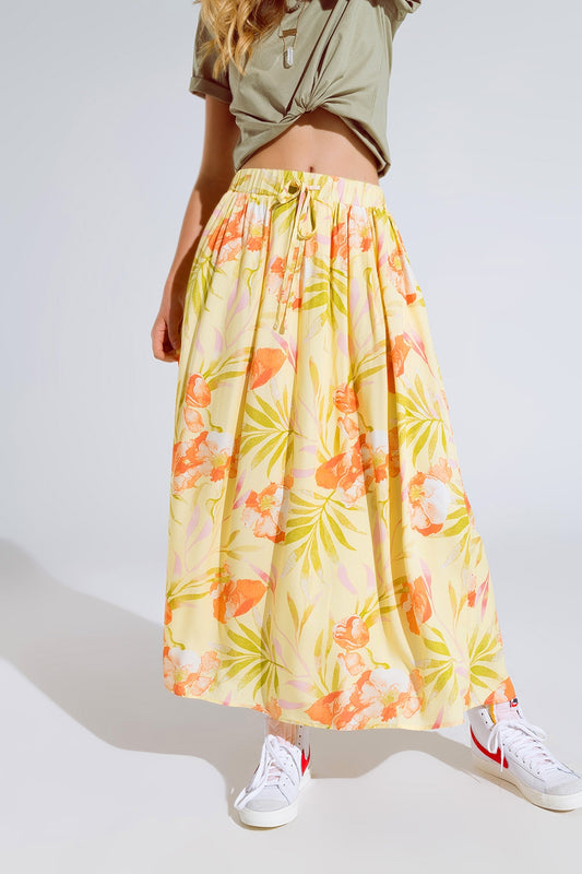 Q2 yellow maxi skirt with tropical print