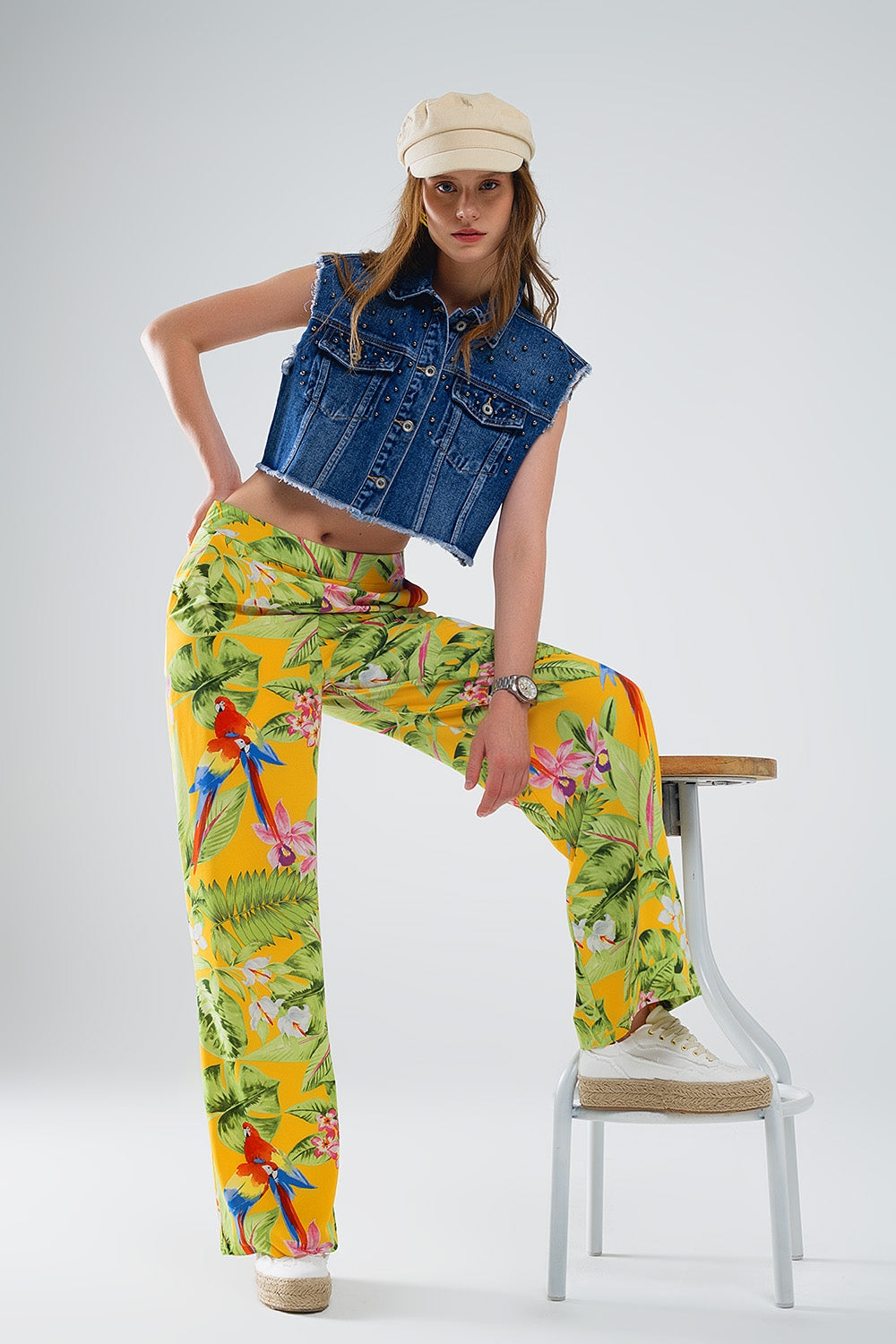 Q2 Yellow Pants with Tropical Print with Zip Side