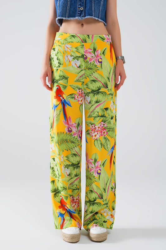 Yellow Pants with Tropical Print with Zip Side