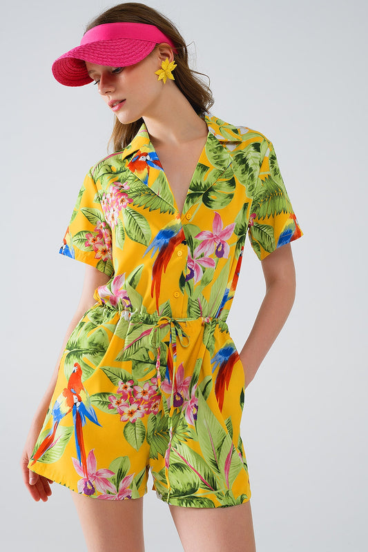 Yellow Short Jumpsuit with Tropical Print and Drawstring Closure