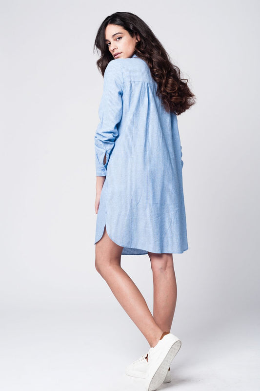 Blue shirt dress with tie front detail in fine stripe